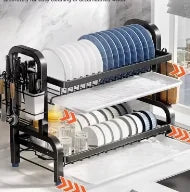 Kitchen 2nd floor storage cutlery and bowl rack set with cutlery rack, large anti rust cutlery drainage board