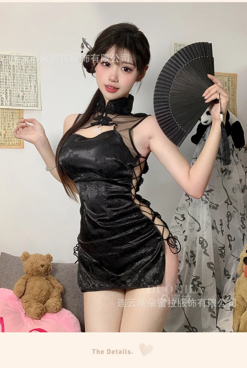 Sexy Cheongsam Mini Dress Mesh Lace Sheer Charming Underwear Uniform Transparent Slim Side Straps Dress Elegant Tops HE1O