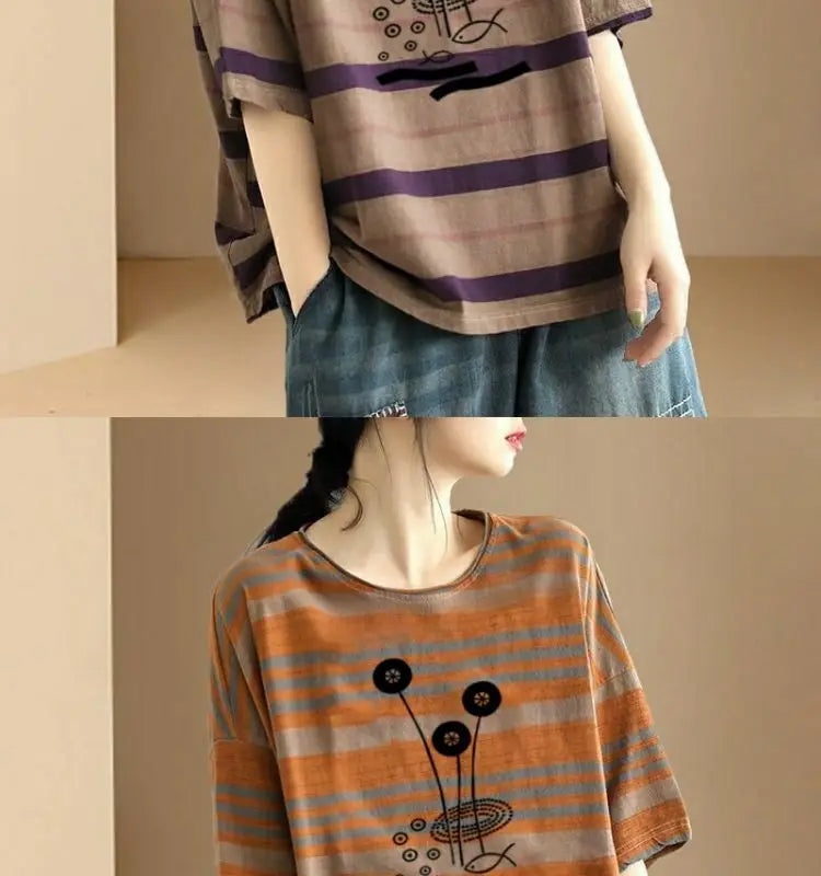 Contrast Color Striped Short-sleeved T-shirt for Women 2025 Summer New Loose Plus Size Top