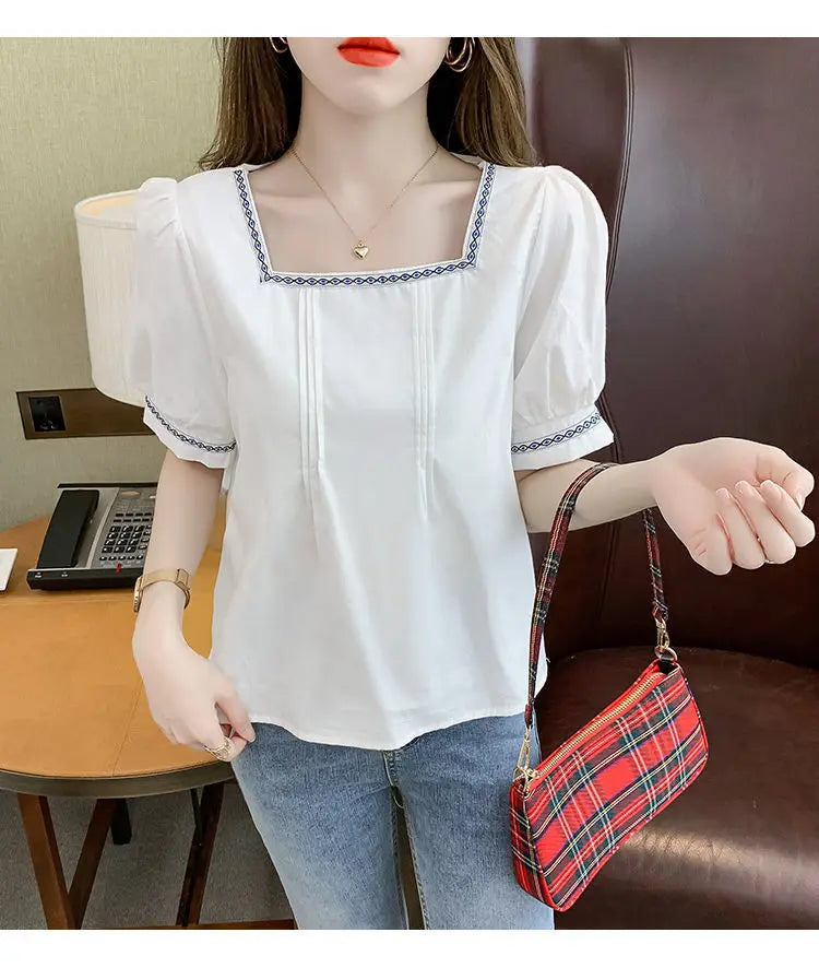 Women Clothing Summer Korean Fashion Embroidered Solid Color Square Collar Puff Sleeve Femme All-match Pleated Short Sleeve Tops