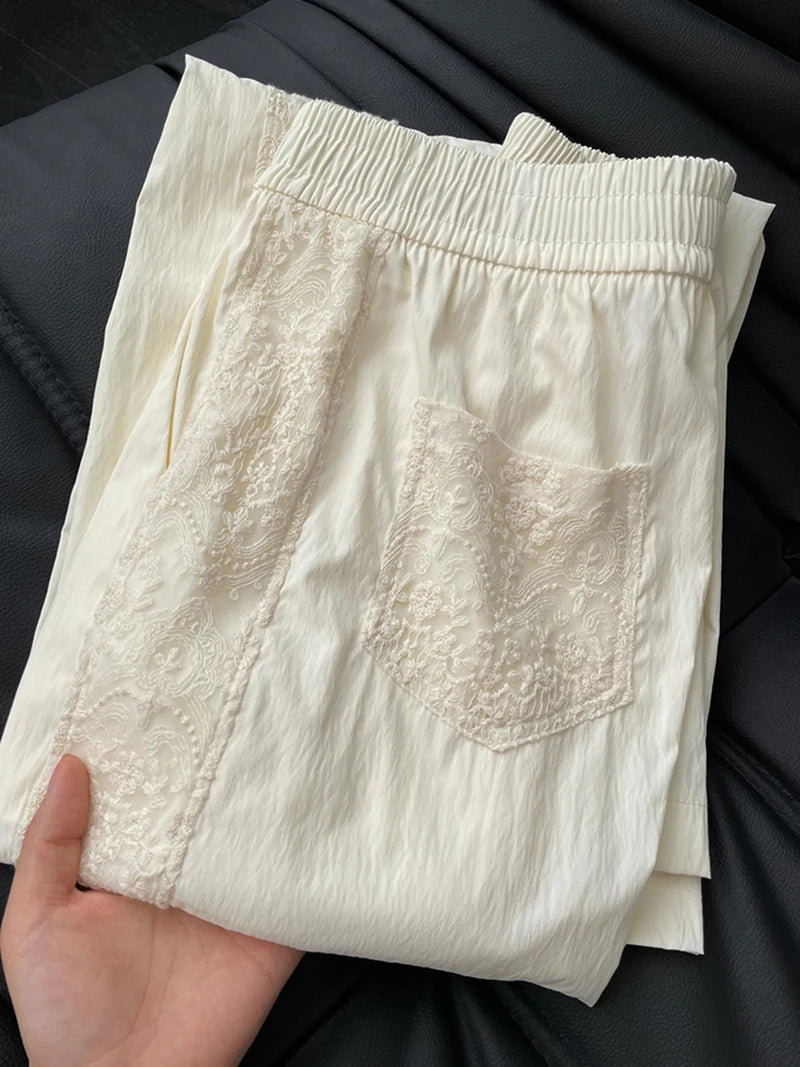 Zoki Lace Patchwork Sweet Pants Women Casual Korean High Waist Fashion Straight Trousers Loose Chic Female Summer Design Pants