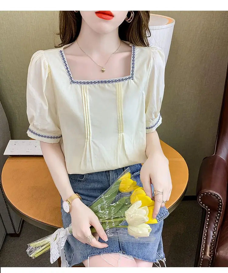 Women Clothing Summer Korean Fashion Embroidered Solid Color Square Collar Puff Sleeve Femme All-match Pleated Short Sleeve Tops