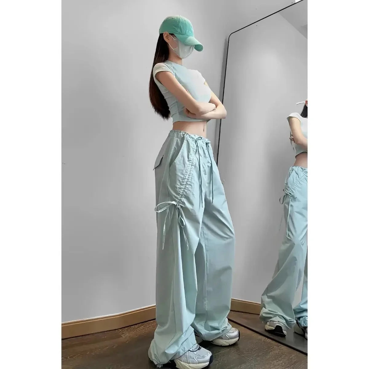 American Style Women's Summer Cargo Pants With Bowmint Green Drawstring Casual Bell Bottoms New 2024 Fashion Trend Long Pants