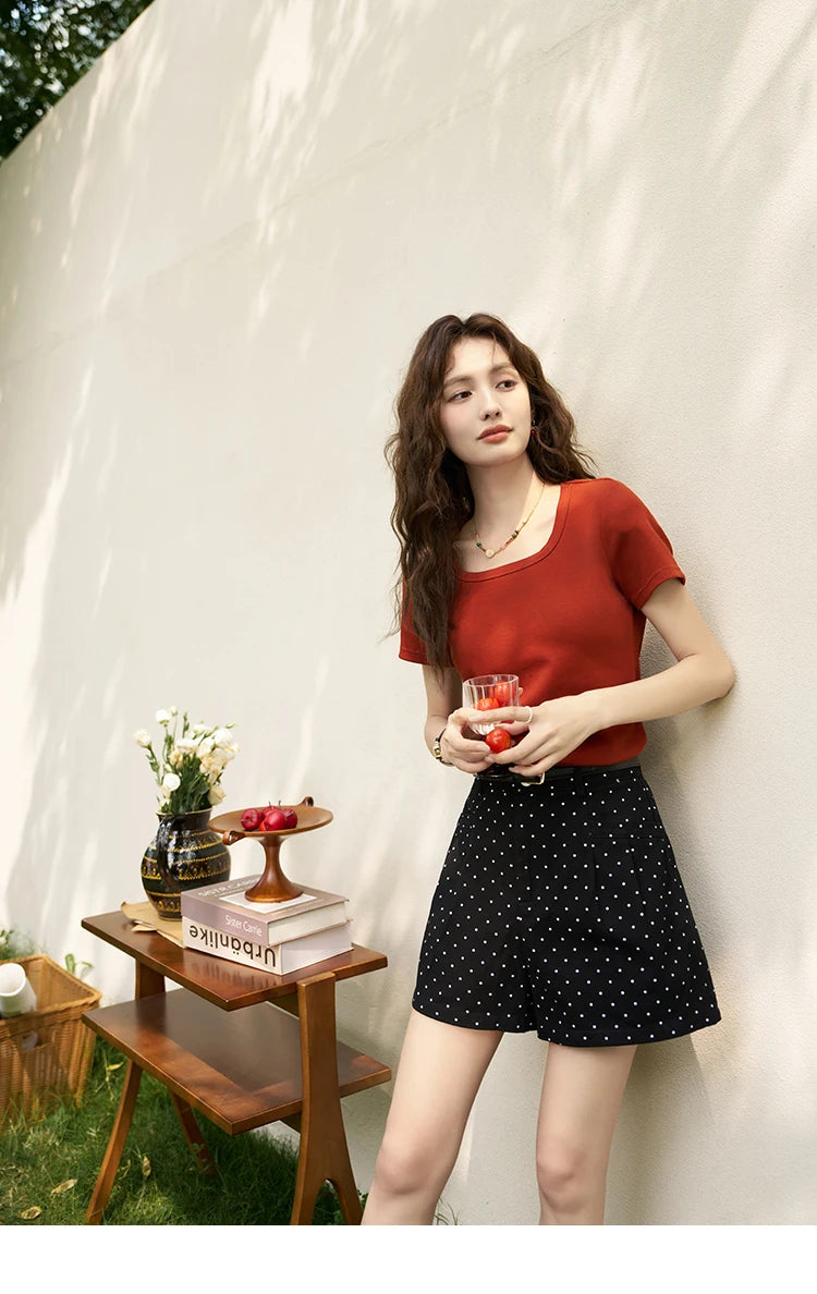 MISHOW Short Sleeve T-shirts Women Spring Solid Square-neck Top Elegant Woman Clothes Office Lady Cotton Tees MXC12T0641