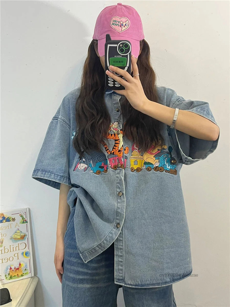 Disney Winnie The Pooh Antique Style Niche Childlike Fun Embroidery Denim Shirt Womem's Summer Loose Shirt Casual Versatile Top
