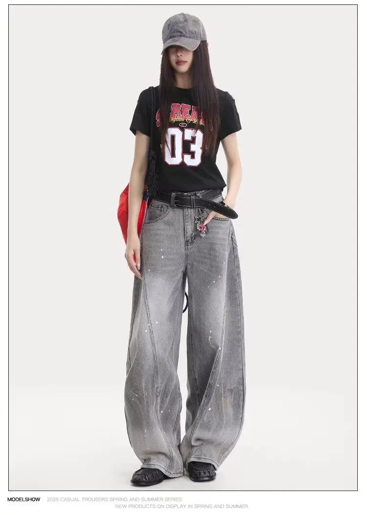 American retro washing smoke grey ink jeans scimitar straight wide-leg lazy style casual trousers Korean style