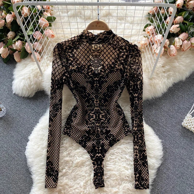 Autumn New Floral Print Bodysuit for Women Fashion Streetwear Elegant Stand Collar Long Sleeve Tight Fit Mesh Body Top Chic 2024