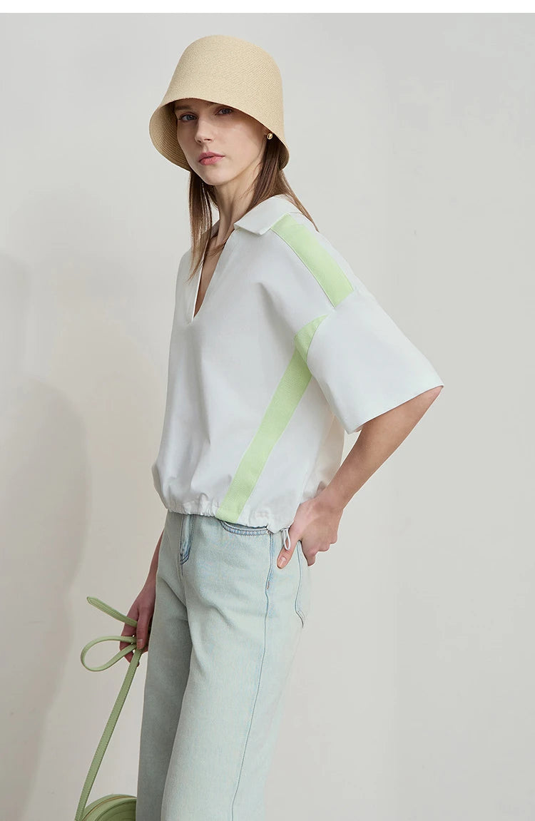 Amii Minimalist Cotton T-Shirts For Women 2025 Summer New V-Neck Pullover Loose Short Shoulder Sleeve Chic Commute Tops 12552001