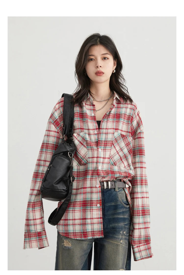 CHIC VEN Women's Cotton Shirt Single Breasted Loose New Retro Color Blocked Grid Female Blouses Autumn Spring 2024