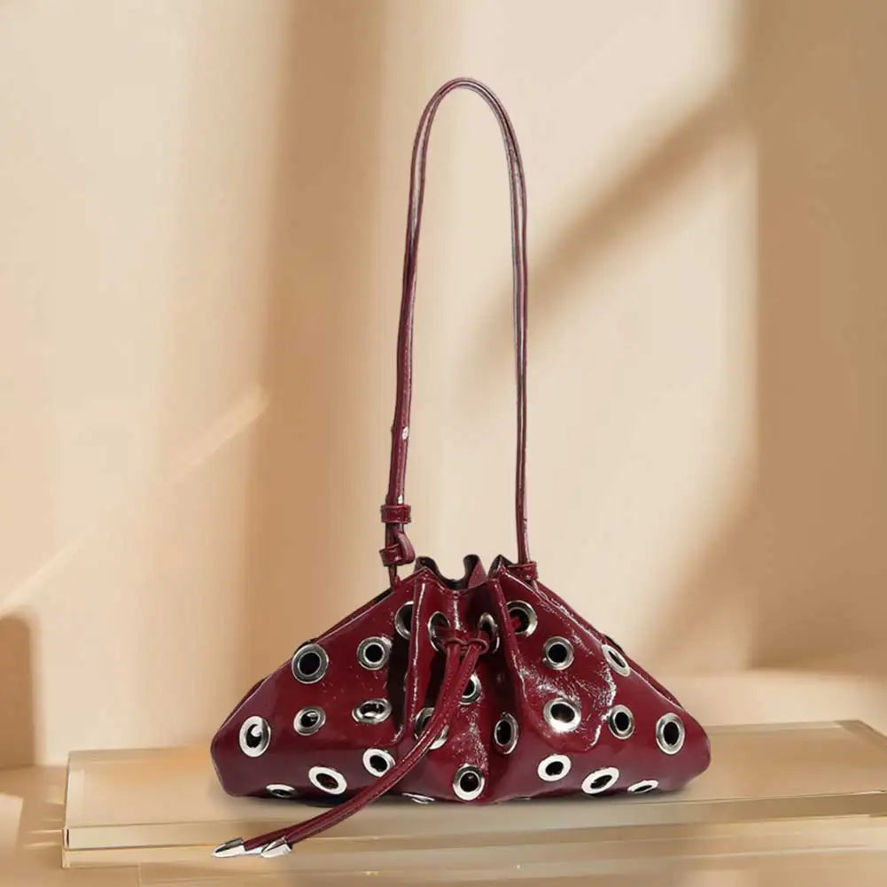 Women Metal Stud Y2k Shoulder Bag Large Capacity Retro Hollow Handbag Drawstring Crossbody Bag Shopping Vacation Handbag