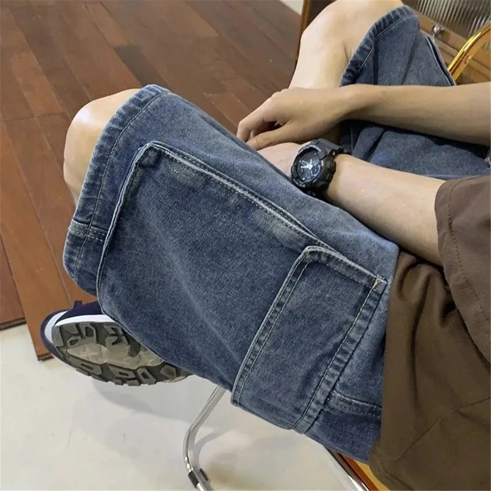 Pocket Casual Denim Shorts Summer Retro Blue Cargo Port Loose Big Pocket Thin Fashion Washed Five Point Casual High Waist Shorts