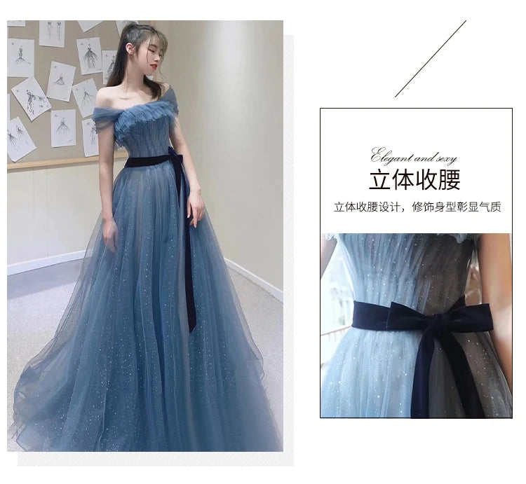 New greydish blue long sweat lady girl women princess bridesmaid banquet party prom dress gown