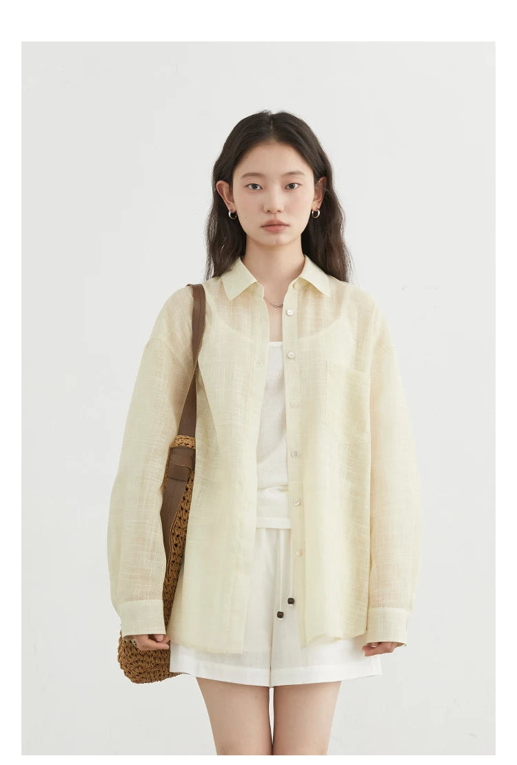 CHIC VEN New Women Shirt Retro Loose Casual Single Breasted Long Sleeve Back Slit Thin Transparent Female Blouses Summer 2025