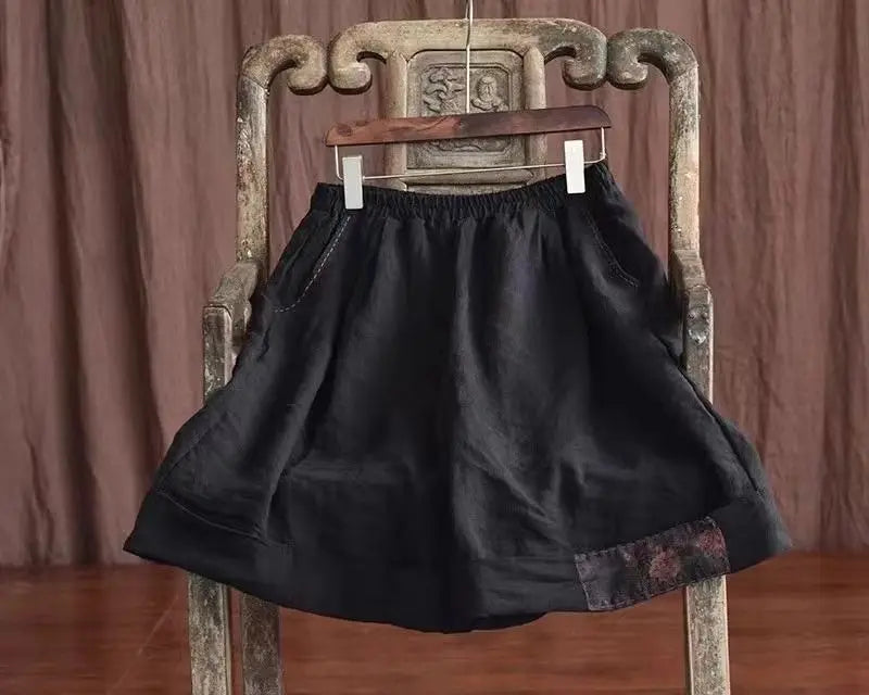 Women Retro Ethnic Style Patch Oversize Cotton Linen Short Pants Summer Female Casual High Waist Beach Shorts Pantalones Cortos