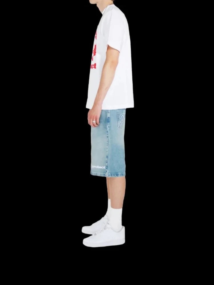 HOUZHOU Y2k Vintage Harajuku Short Jeans Women Washed Embroidery American Retro Man Denim Jorts Baggy Hip Hop Streetwear Summer