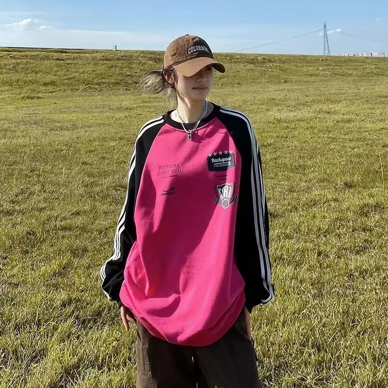 New American Retro Street Brand Color Matching Casual Color Matching Sweater Male Loose Couple Long Sleeve Racing Jacket Female