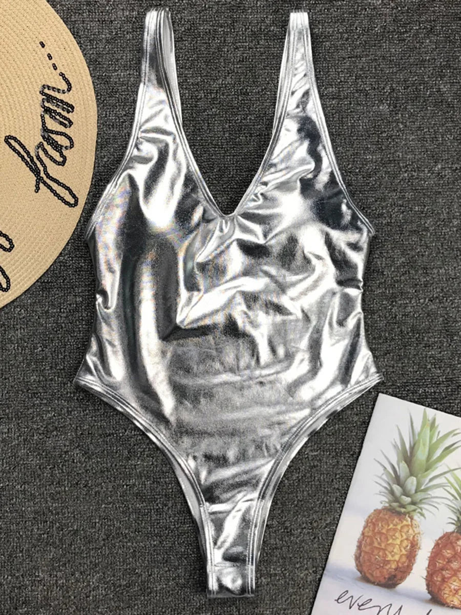 Shiny PU Faux Leather Women Swimwear One Piece Swimsuit Female Monokini High Cut Bikini Set Bathing Suit Swim Beachwear Bodysuit