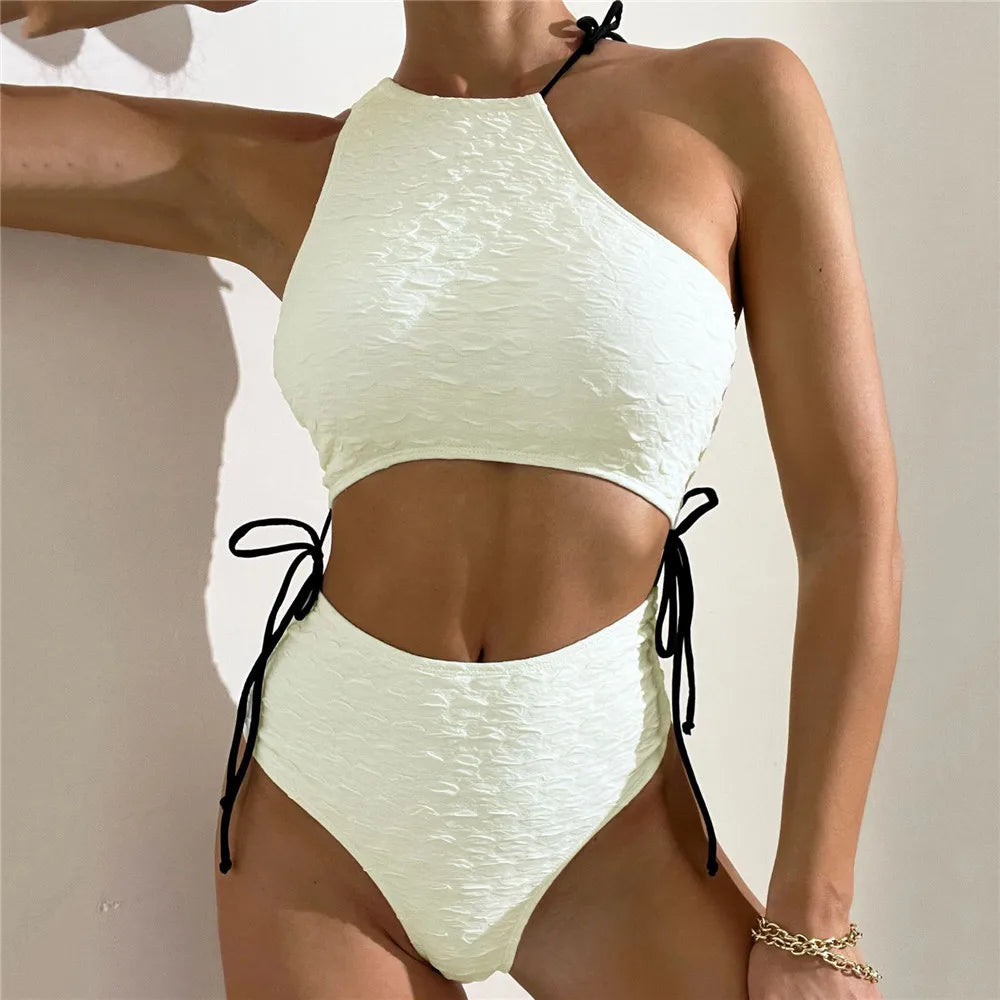 Sexy White High Waist Swimwear String Lace Up Bikinis Sets Woman 2025 Asymmetric Neck Swimsuits Bathing Suit Bikini Mujer Bather