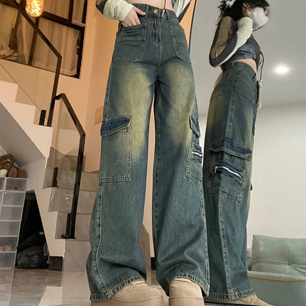 New 2025 American Wide Leg Jeans High Street Workwear Loose High Waist Straight Cut Floor-Length Pants Women's Fashion