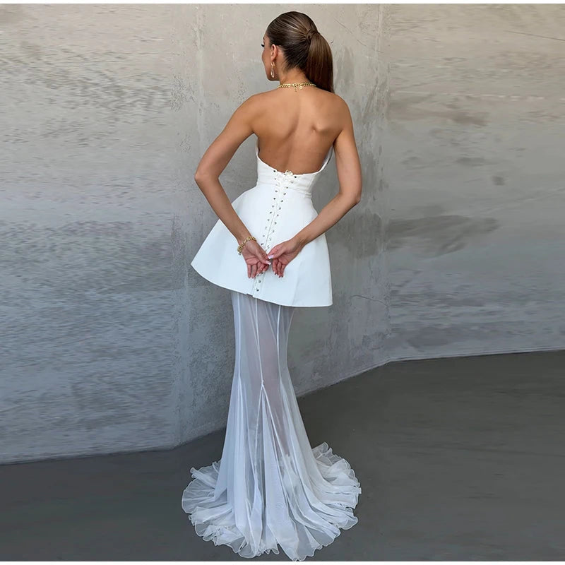 Elegant Lace Long Skirt Set Women Strapless Tube Top Short Dress Floor-Length Mermaid Skirts 2025 Summer Lady Party 2 Pieces Set