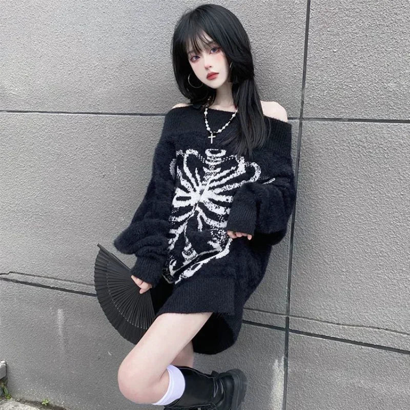 Goth Skull Print Harajuku Sweater Sweater Tops Aesthetic Women's Black Pullover Harajuku Fashion Streetwear Tops 2000