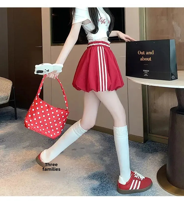 American Style Spliced Lace Stripe High Waist Half Skirt Women Summer Anti Exposure Flower Bud Puffy Short Skirt Polyester Fiber