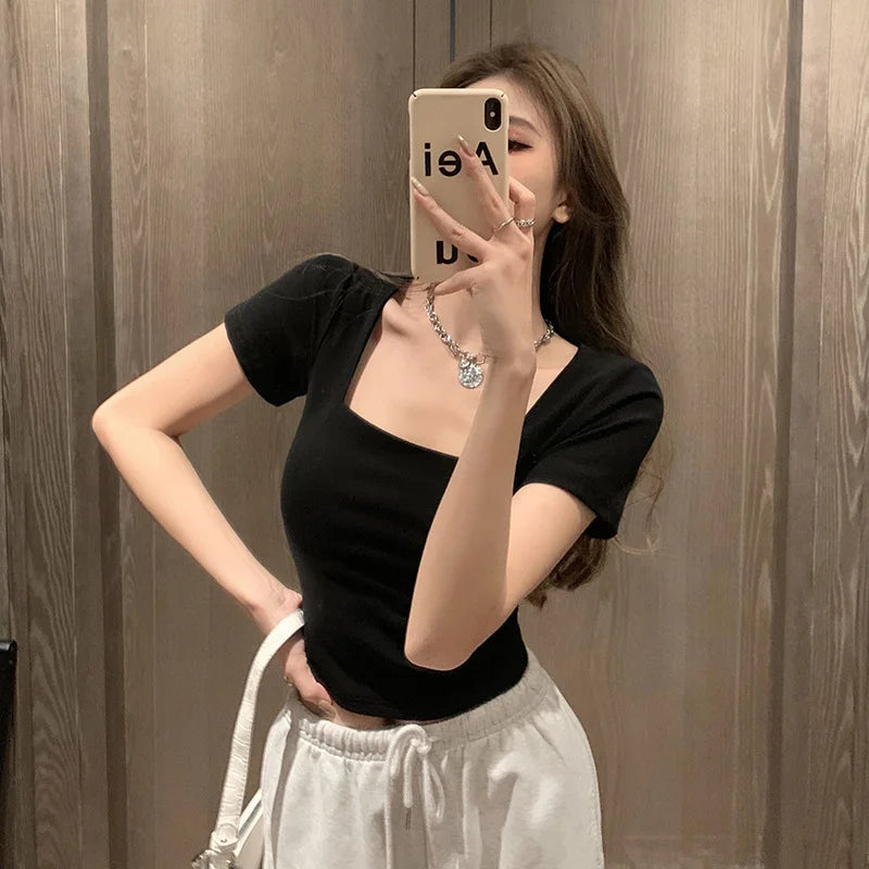 Women Slim Fit Square Neck Short Sleeve T-shirt High Waist Short Version Exposing Waist Outdoor Wear Base Shirt Top