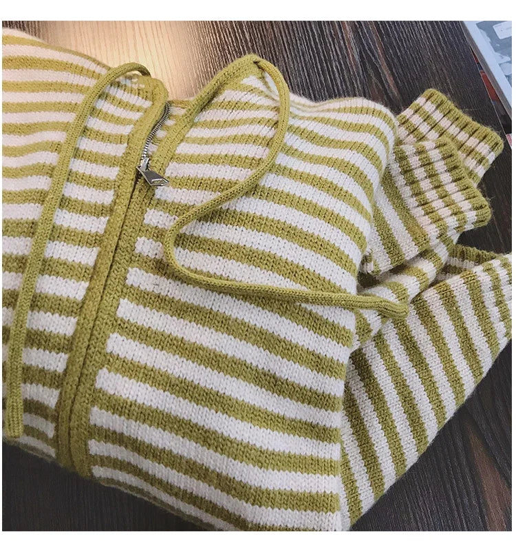 Contrast Color Stripe Hood Knit Cardigan Women Autumn and Winter New Loose Design Sense Long Sleeve Cardigan Sweater Outerwear
