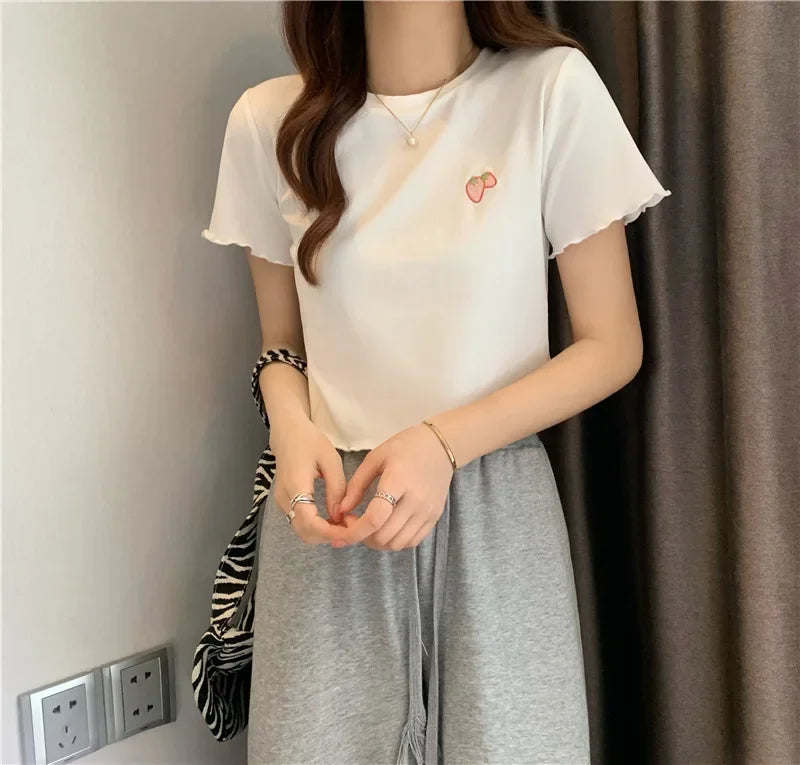 Summer Embroidered Short T-shirt Women Wooden Edge Irregular Slim Short Sleeve Top Plant Pattern Fiber Fabric Elegant Style