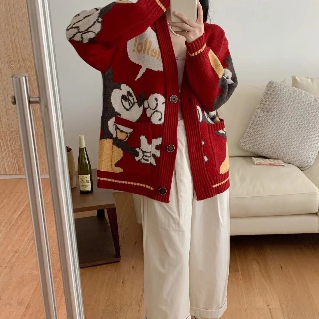 Disney Knitted Cardigan Japanese Donald Cartoon Sweaters for Women Coat Female Autumn and Winter Loose Wild Thicken Kawaii Tops