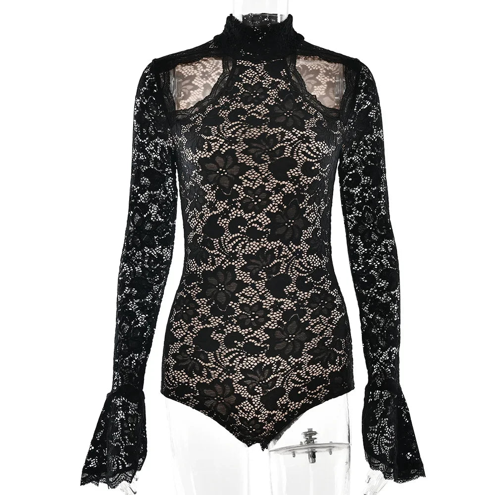 Women's Hollow Out Flare Sleeve Lace Bodysuit 2025 Female Elegant One Piece Black Tights Tops Evening Party Jumpsuit Clubwear