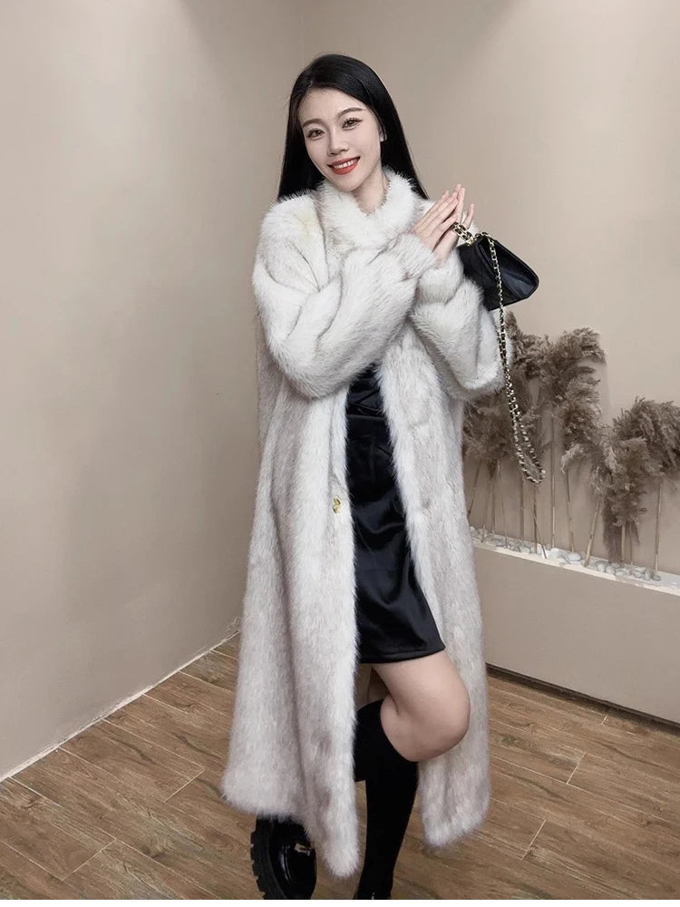 Lautaro Autumn Winter Long Thick Warm Hairy Soft Faux Fox Fur Coat Women Stand Collar Elegant Luxury Chic Fluffy Jacket 2024