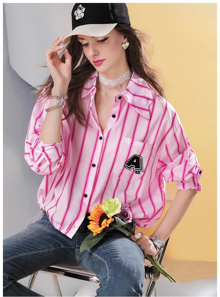 Women’s Cropped Loose Fit Striped Shirt with Letter Patch, Casual Button Down Blouse, Pink Streetwear Long Sleeve Top