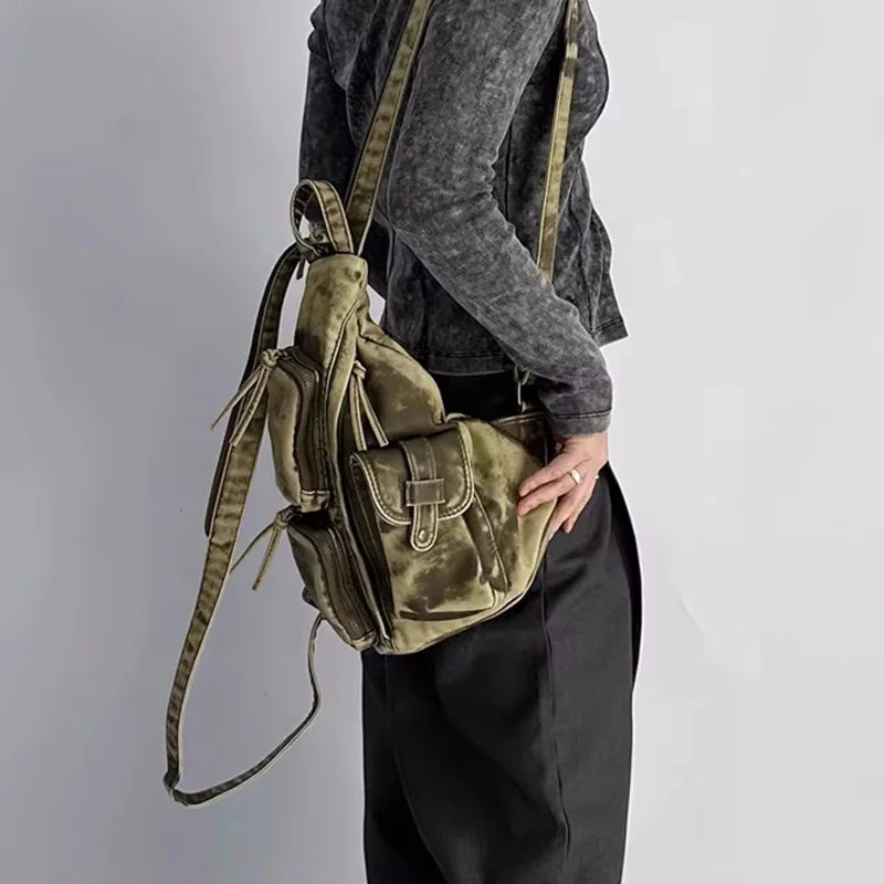 Annmouler Designer Backpacks for Women Soft Washed Letaher Sling Chest Bag Vintage Multi-pockets Punk Style Small Bag