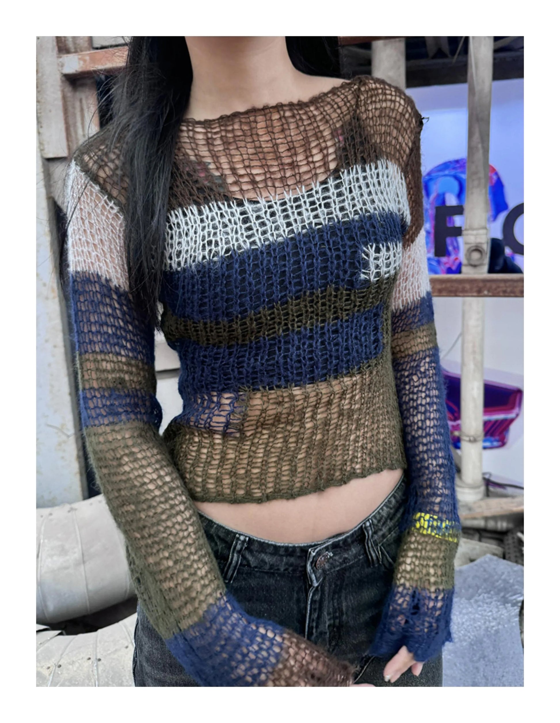 Karrram Y2k Aesthetics Crop Knit Tops Vintage Grunge Hollow Out Jumpers Japanese 2000s Hole Pullover Korean Dongdaemun Knitwear