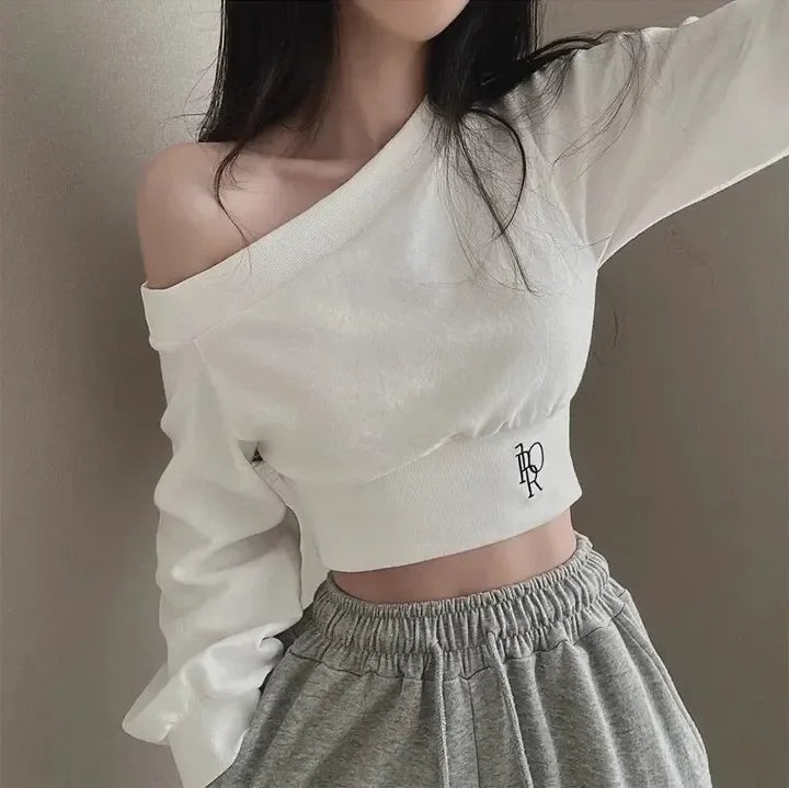 Women's Autumn Off-the-shoulder Sweatshirt Cropped Top Embroidery Loose-fit Windy Sweet Girl Hoodies Thin Material