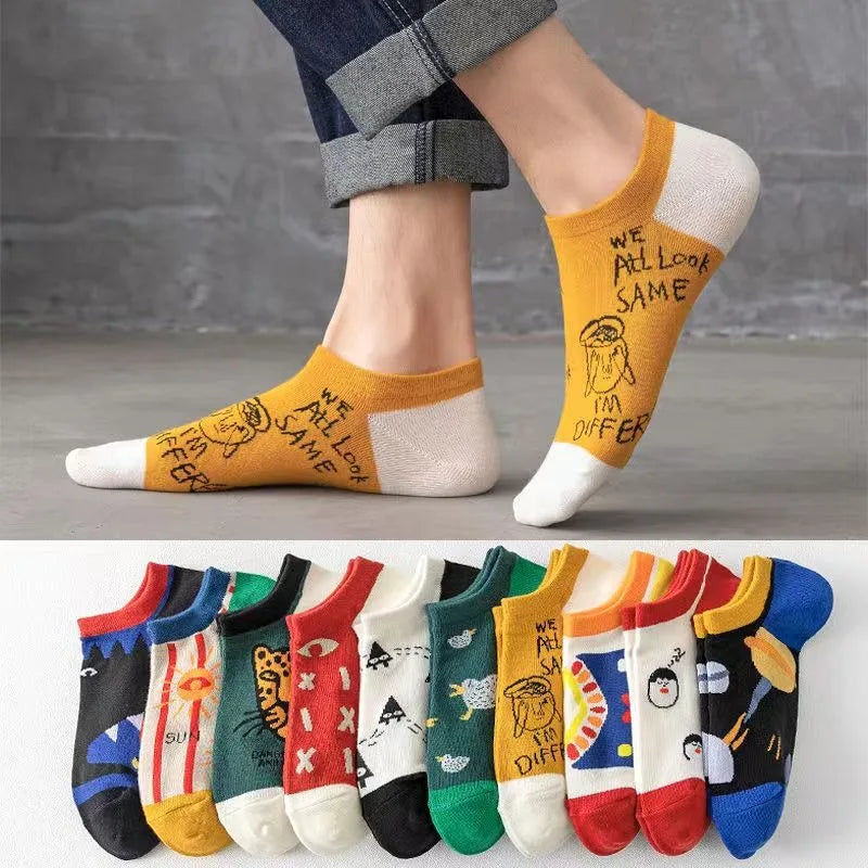 10 Pairs Of Casual Trend Ankle Socks For Men And Women, Comfortable, Breathable And Cute Cartoon Summer Couple Boat Socks