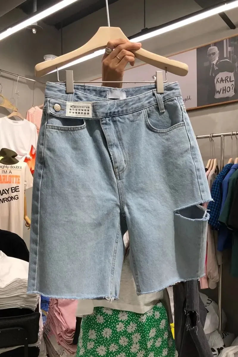 High Waist Skinny Jeans Shorts Women's Five-Quarter Thin New Style Hot Sale Of The Season Hole Design Straight Leg plus Size Hot