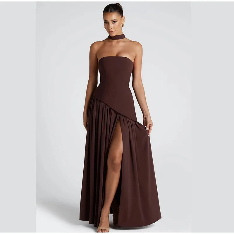 Butter Yellow Scarf Neck Split Long Dress Women Elegant Strapless Slim Fit High Waist Vestidos 2025 Lady Evening Party Gowns New