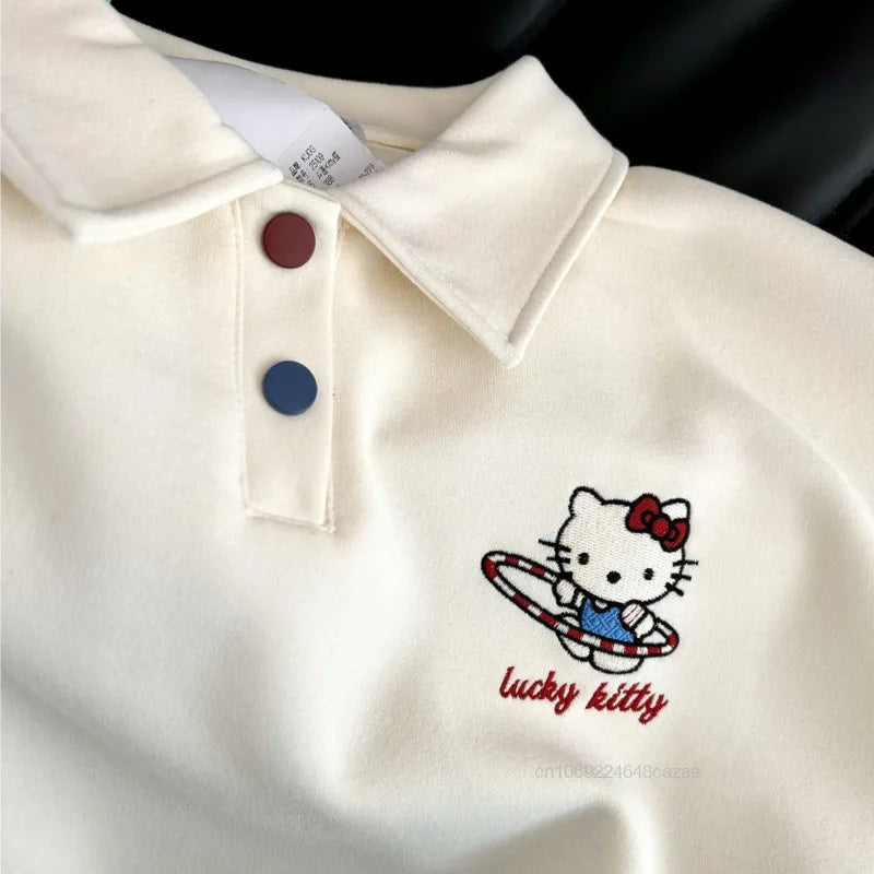 Sanrio Hello Kitty 2025 Spring New Polo Hoodie Women Korean Version Trend Casual Top Y2K Sweet Girl College Style Loose Pullover