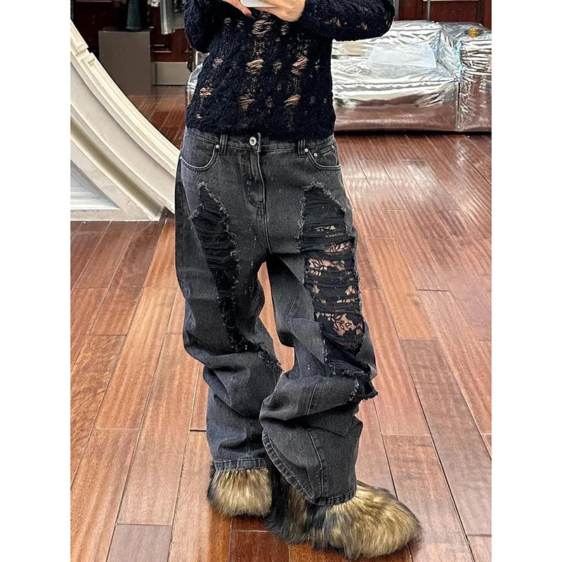 Black Jeans Sense design Women Vintage High Waisted Straight Denim Trouser Y2K American Streetwear Wide Leg Classic Denim Pants