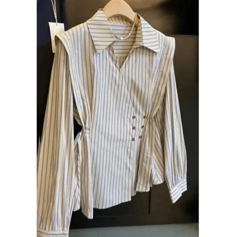 Elegant Slim Fit Long Sleeve Striped Shirt Design Spring Autumn Women Fashionable Waist Cinching Button up Casual Shirt