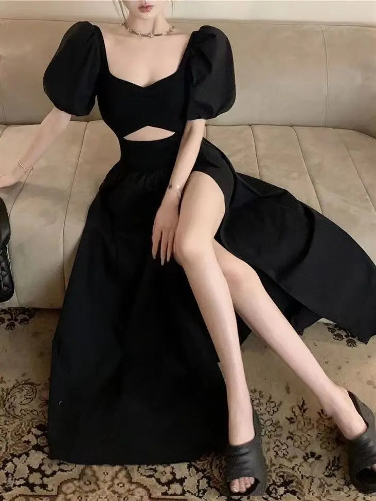 Short Puff Sleeve Black Dress Women Hollow Out Design Split Square Collar Temper Korean Style Fashion Ladies Attractive Ulzzang