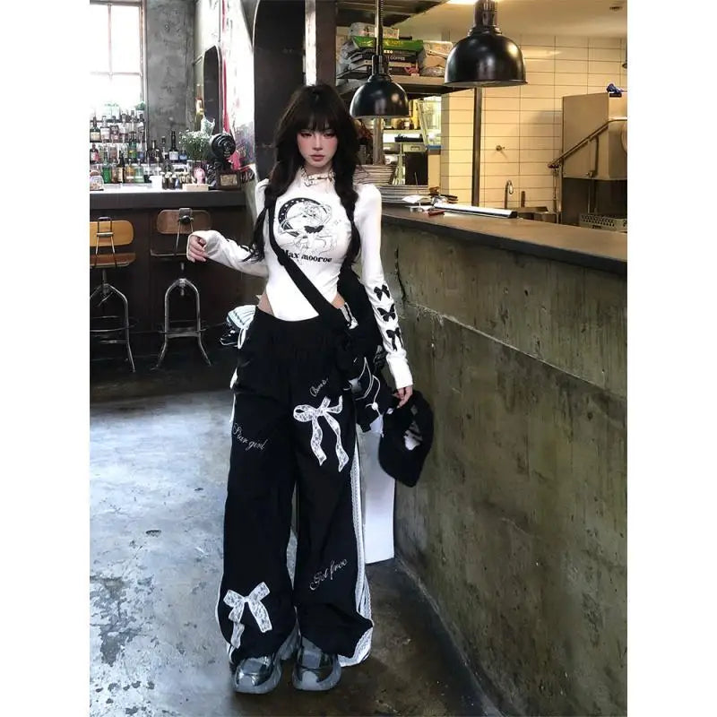 Dophee Original Spice Girls Elastic Waist All-match Loose Straight Wide Leg Pants Cute Bow Printed Splicing Lace Casual Trousers