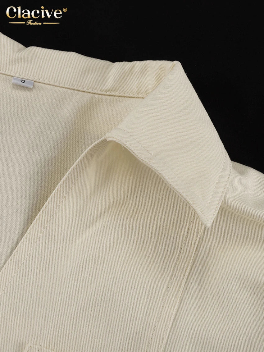 Clacive Fashion Loose Beige Cotton Women's Two Pieces Set Summer Short Sleeve Shirt With High Waist Shorts Set Female Clothing