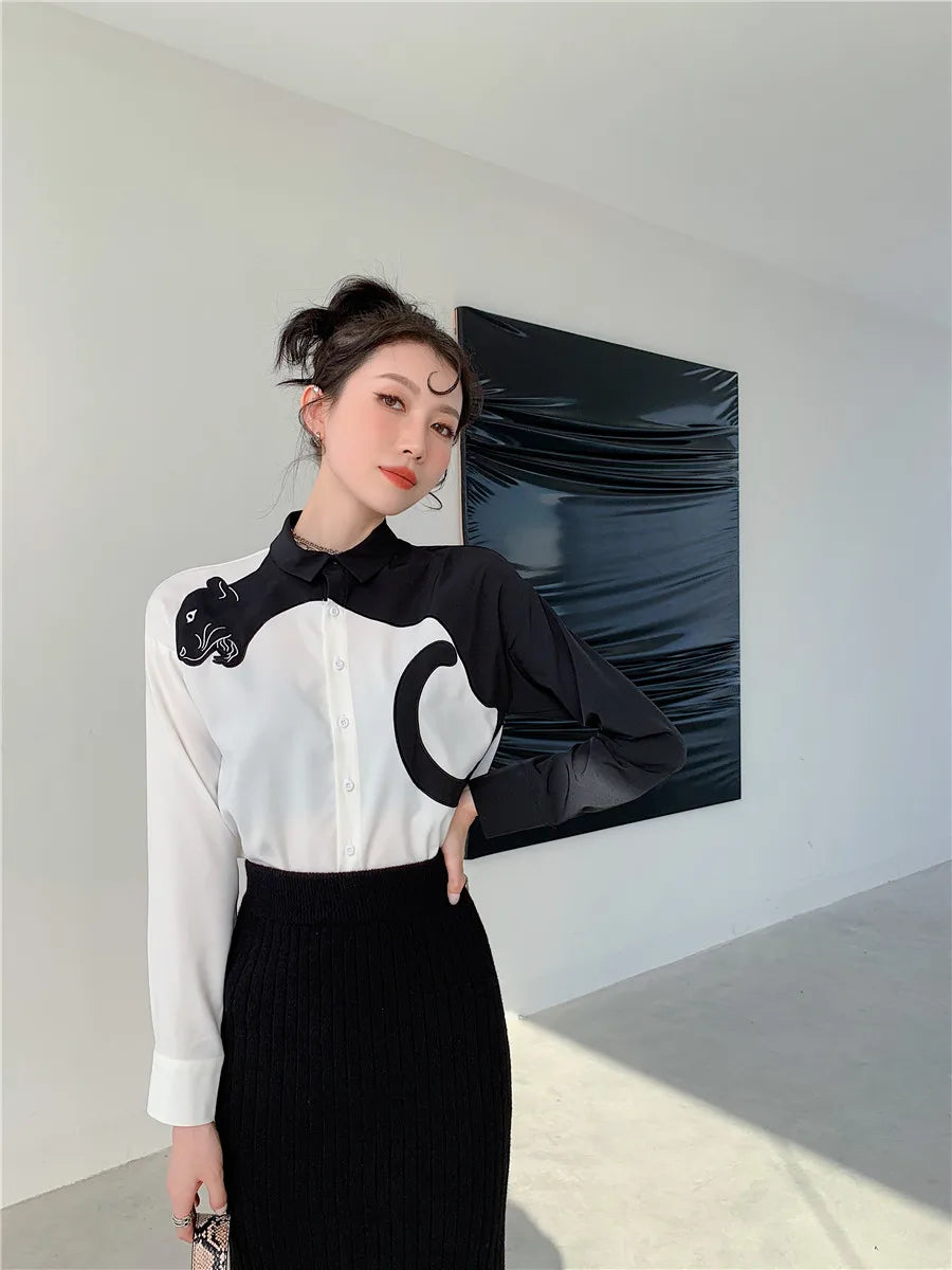 CHEERART Leopard Embroidered Long Sleeve Shirts And Blouses Women White Button Up Fall 2024 Designer Clothes Tops Fashion