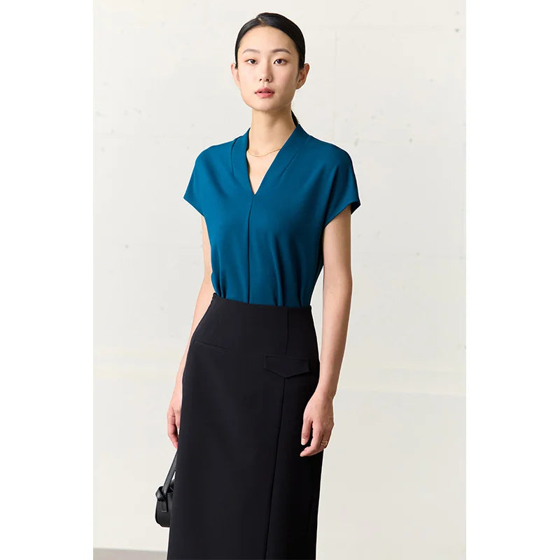 AMII Minimalism 2023 Summer Women's T-shirt Classic Style Casual V-neck Short Sleeve Solid Stretch Female Tops & Tees 12312013