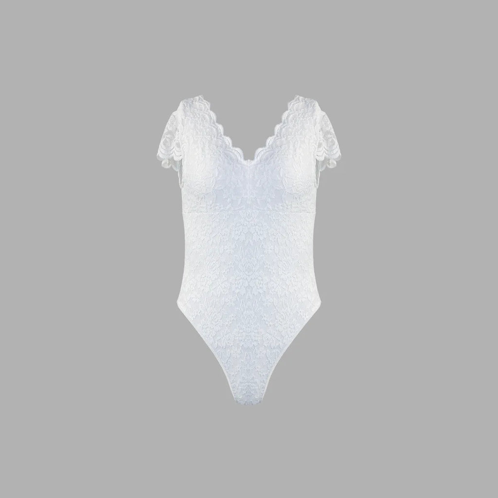 Women's Elegant White Lace Bodysuits Summer One Piece V-neck Jumpsuit Thongs Bodyshaper Tops Fashion Sexy Slim Fitted Shapewear