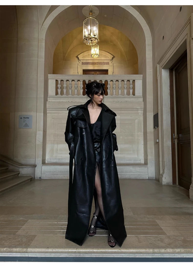Lautaro Spring Autumn Extra Long Black Pu Leather Trench Coat for Women with Back High Slit Luxury Chic European Fashion 2024