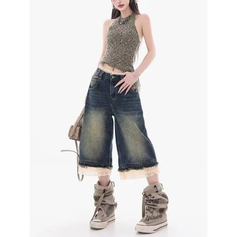 Summer Y2k Oversized High Street Spicy Girl Loose Wide Leg Cropped Pants Trendy American Washed Retro Sexy Lace Patchwork Jeans